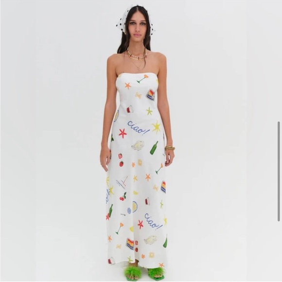 For Love And Lemons Dresses & Skirts - For Love And Lemons White Strapless Maxi Dress with Multicolor Motifs